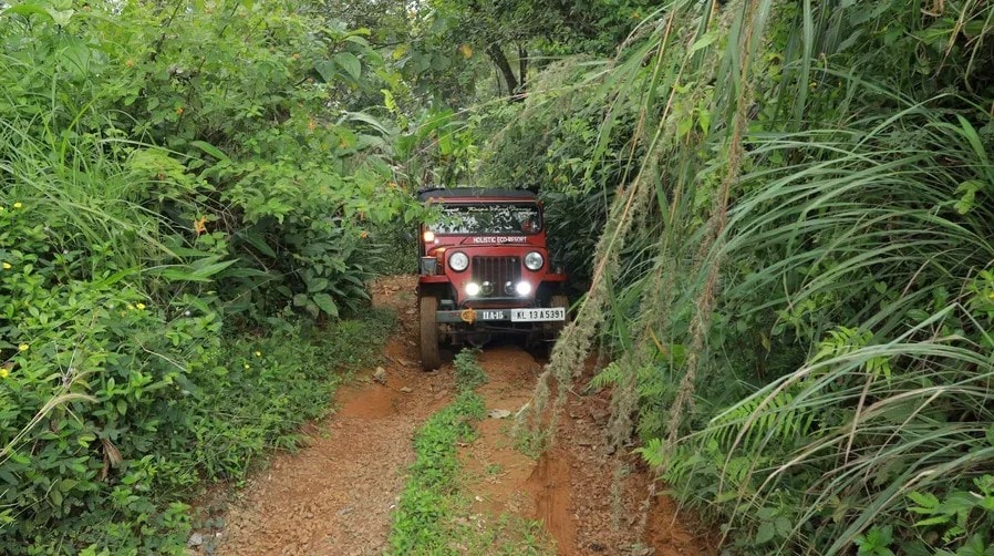 Red jeep driving through a jungle trail at Holistic Eco-Resort